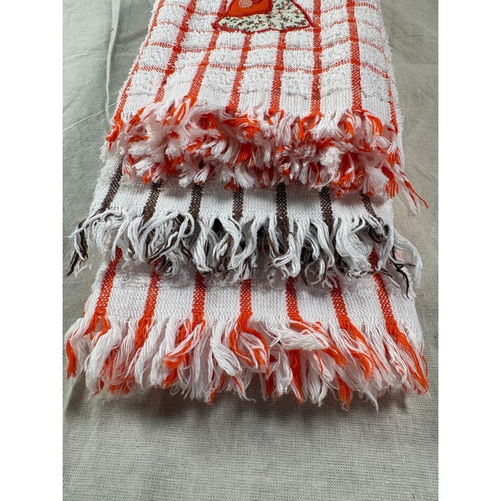 Vtg Cannon Kitchen Towels Set of (3) Sunbonnet Girl Applique Fringe Brown Orange - Picture 3 of 11